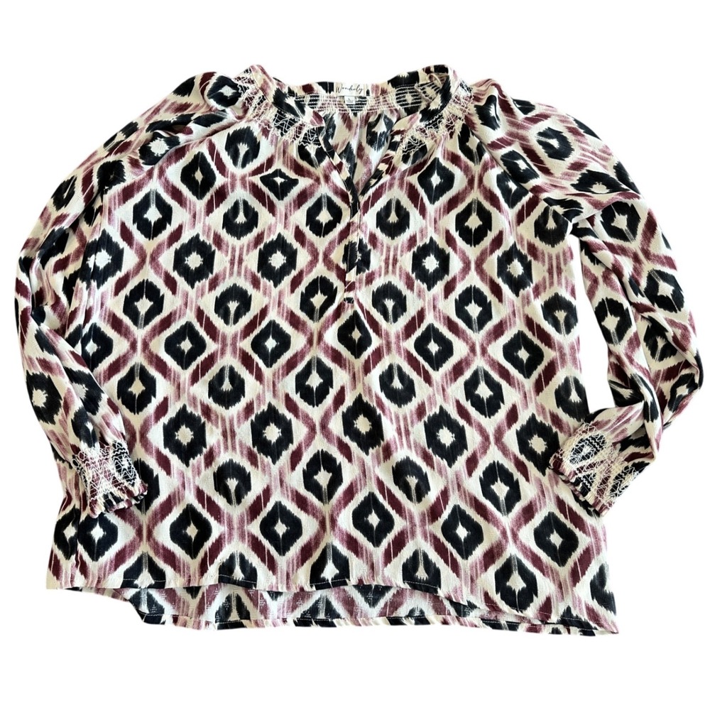 Wonderly Womens Large Blouse Ikat Geometric Black Burgundy Smocked Long Sleeve